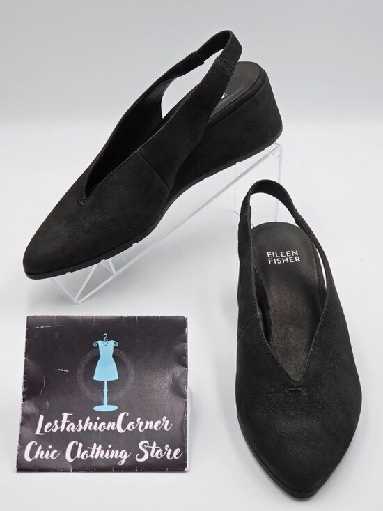 Eileen Fisher Shoes - Eileen Fisher Womens Black Nubuck Leather Devi Tumbled Slingback Shoes Sz 6 2917